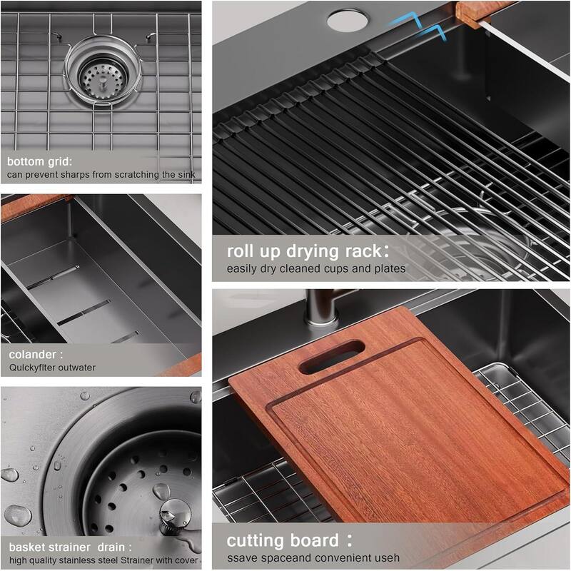 33In Gunmetal Black Drop in Workstation kithchen Sink 16 Gauge Topmount Drop in Single Bowl Stainless Steel Kitchen Sink