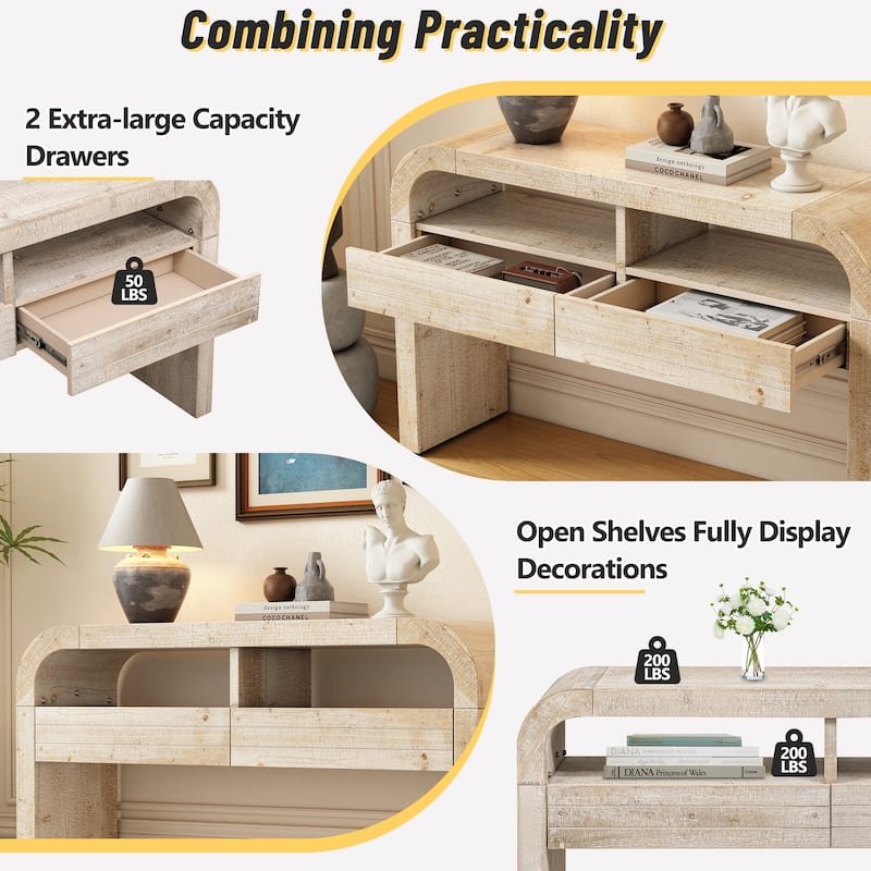 52" MDF Console Table with Fireplace Design and Wood Veneer for Living Room