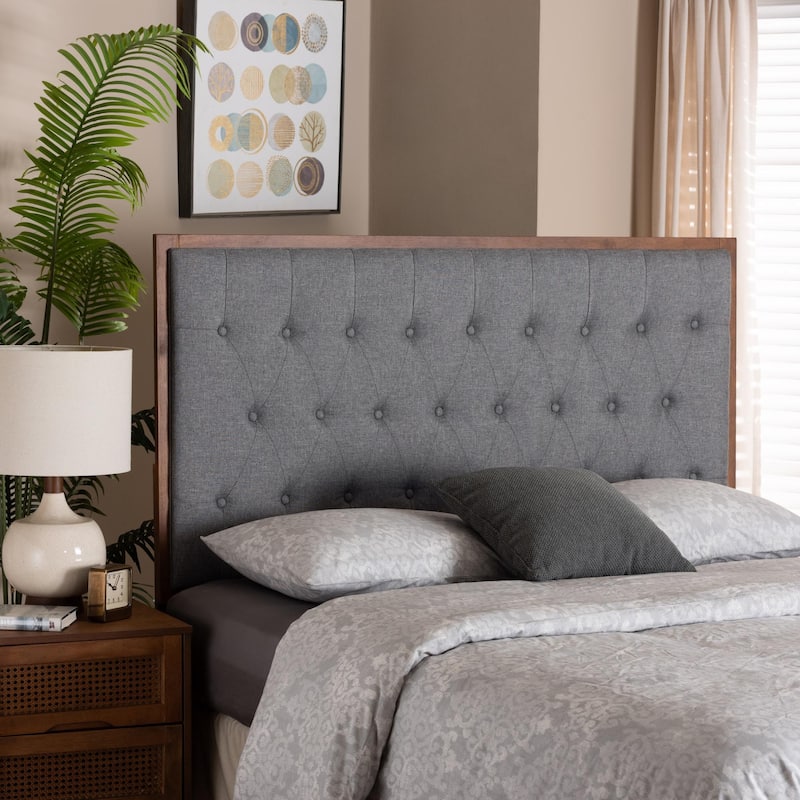 Harumi Classic and Traditional Grey Fabric and Walnut Brown Finished Wood Headboard