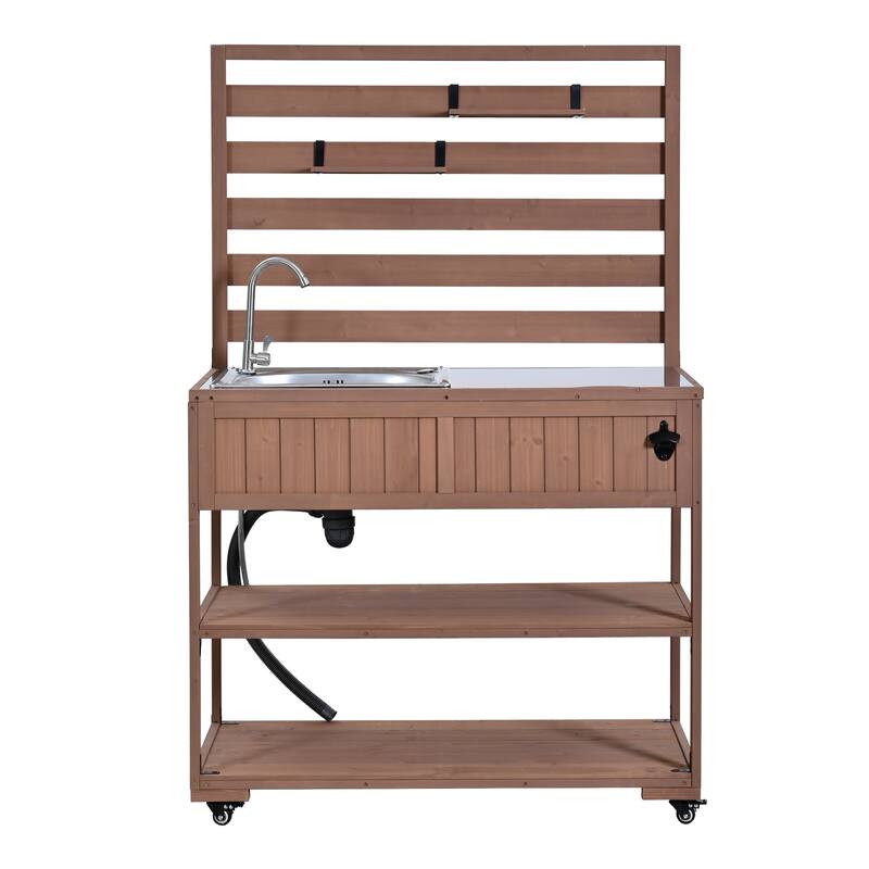 41.7'' Rolling Outdoor Kitchen Island, Solid Wood Kitchen Cart with Sink and Stainless Table Top