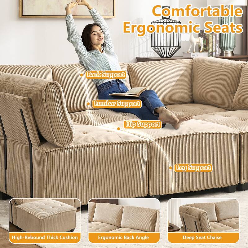 Ergonomic Lounge Modular Couch Corduroy Sectional Sofa with Deep Seat Ottoman Chaise and High-Rebound Thick Cushions