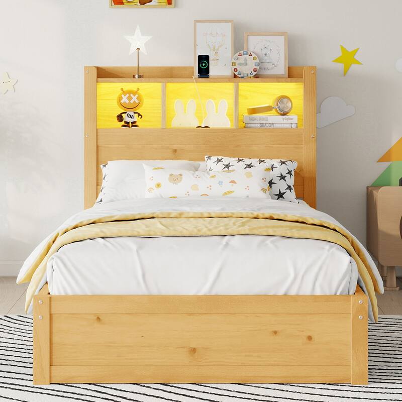 Roomfitters Twin/Full Platform Bed, LED Bookcase Headboard and Pull Out Storage Drawers with Wooden Frame for Bedrooms