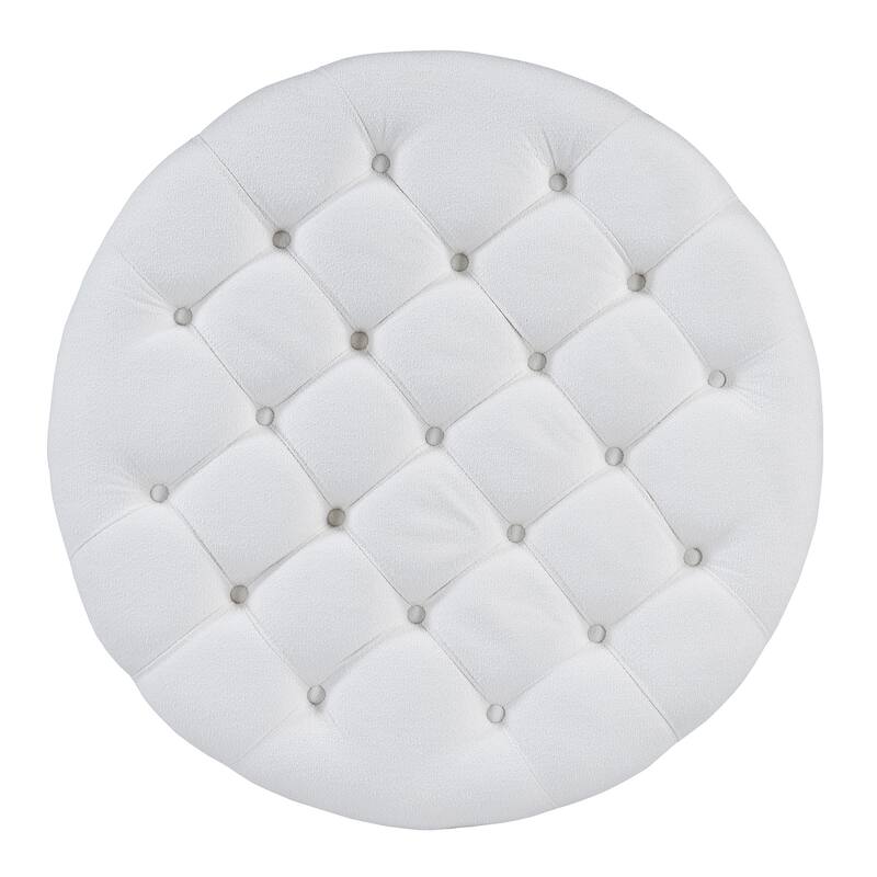 Modern Round Ottoman Coffee Table with Wood Shelf Storage Upholstered Coffee Table for Living Room Footrest Ottoman with wheel