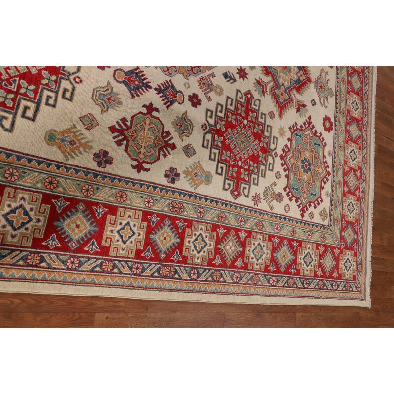 Ivory Geometric Kazak Oriental Area Rug Handmade Wool Carpet - 8'0" x 10'3"