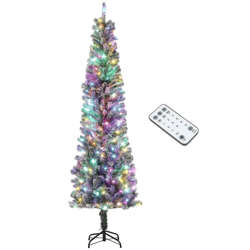 6/7.5/9FT Pre-Lit Flocked Pencil Artificial Christmas Tree with Dual Color LED Lights & Metal Stand - Green - 7.5 Foot