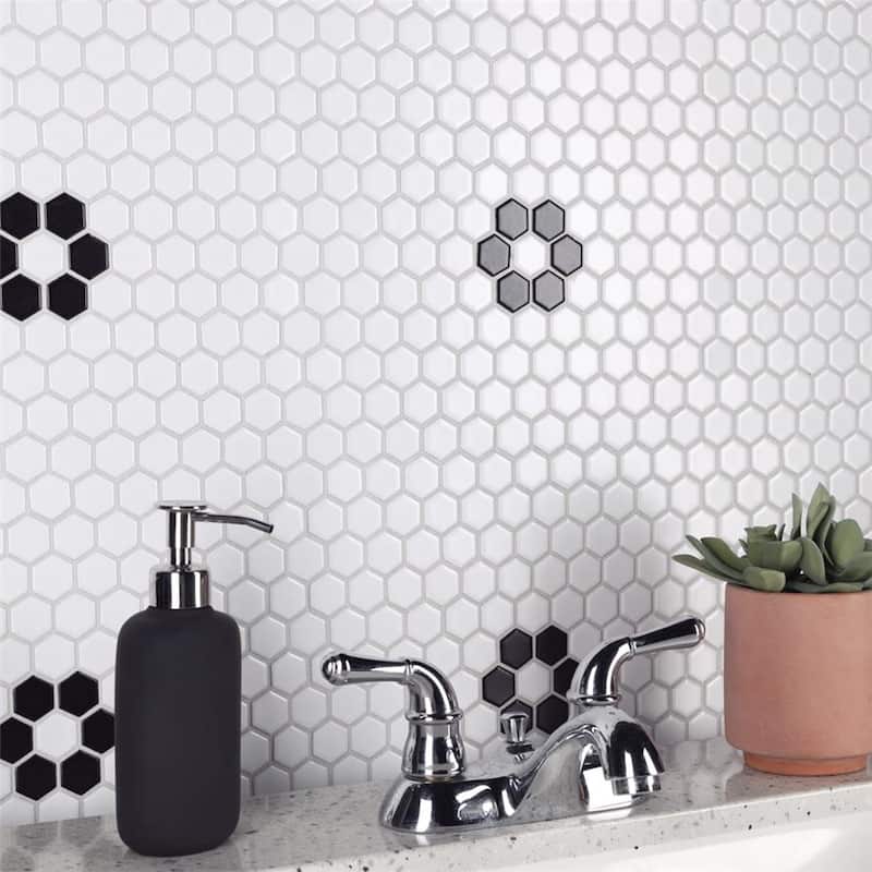Merola Tile Metro 1" Hex Matte White Single Flower 11-7/8"x10-1/4" Porcelain Mosaic Tile