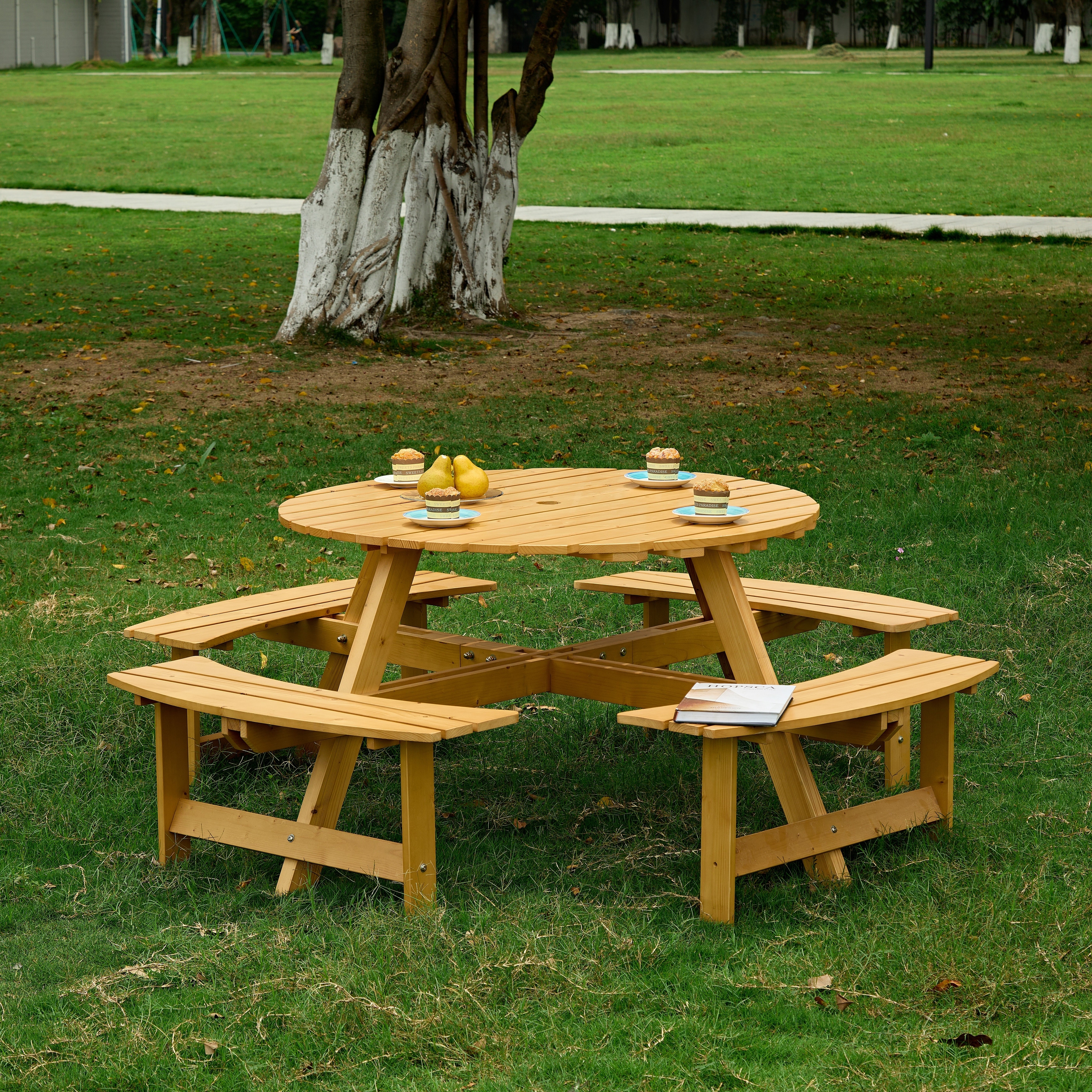 Natural Round Wooden Picnic Table with 4 Built-in Benches, Rustic Coffee Table & Bench for Garden Poolside