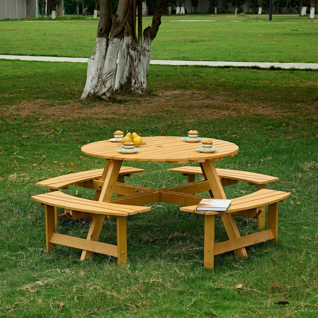 Outdoor 8 Person Picnic Table, 8 person Round Picnic Table with 4 Built-in Benches, Umbrella Hole, Outside Table and Ben
