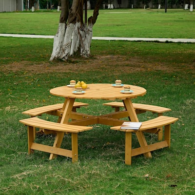 Outdoor 8 Person Picnic Table,8 person Round Picnic Table with 4 Built-in Benches,Umbrella Hole,Outside Table and Bench Set