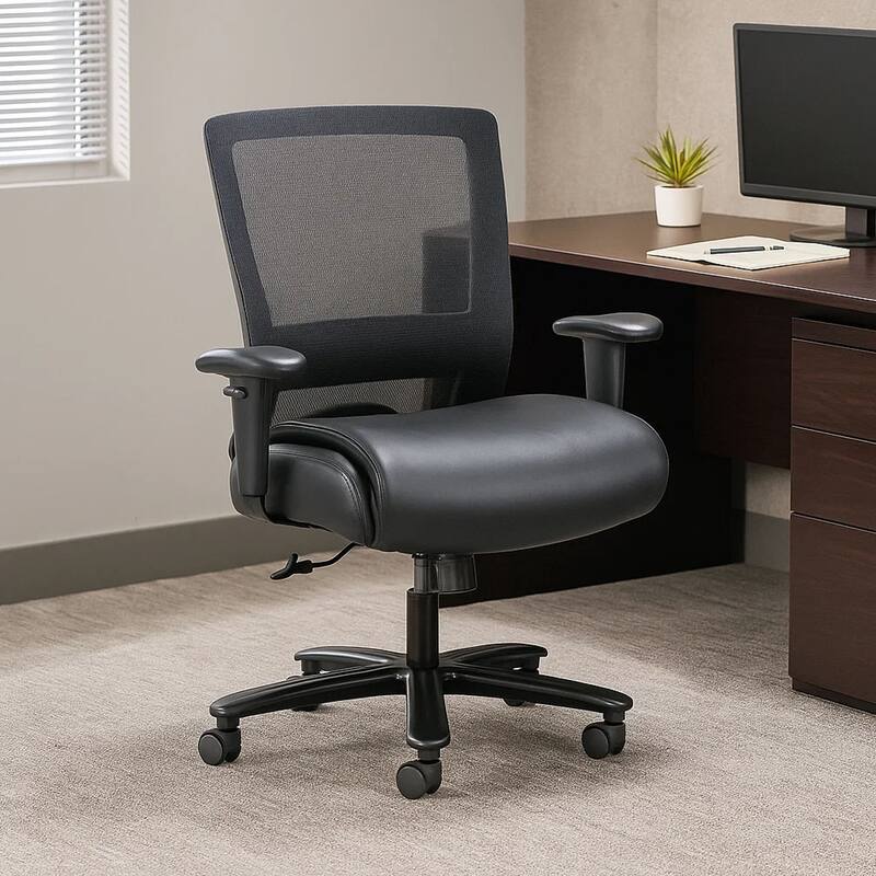 Heavy Duty Office Chair, Black Mesh and Faux Leather, 400lbs Capacity