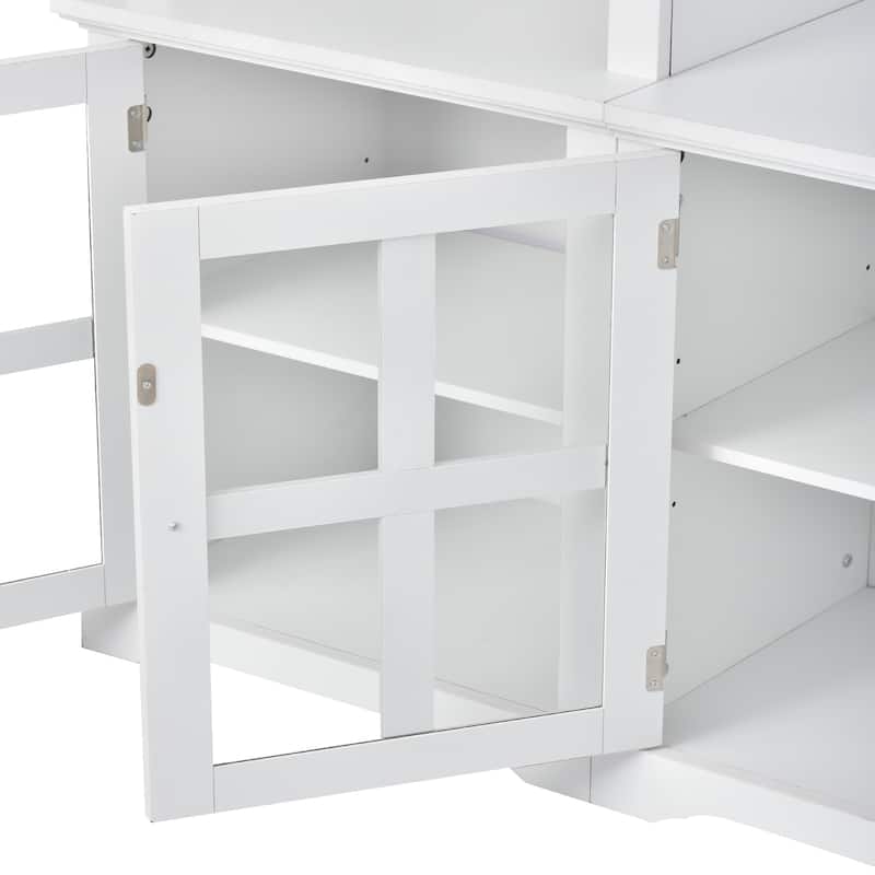 White Entertainment Wall Unit with Bridge, Tempered Glass Doors for TVs Up to 70"