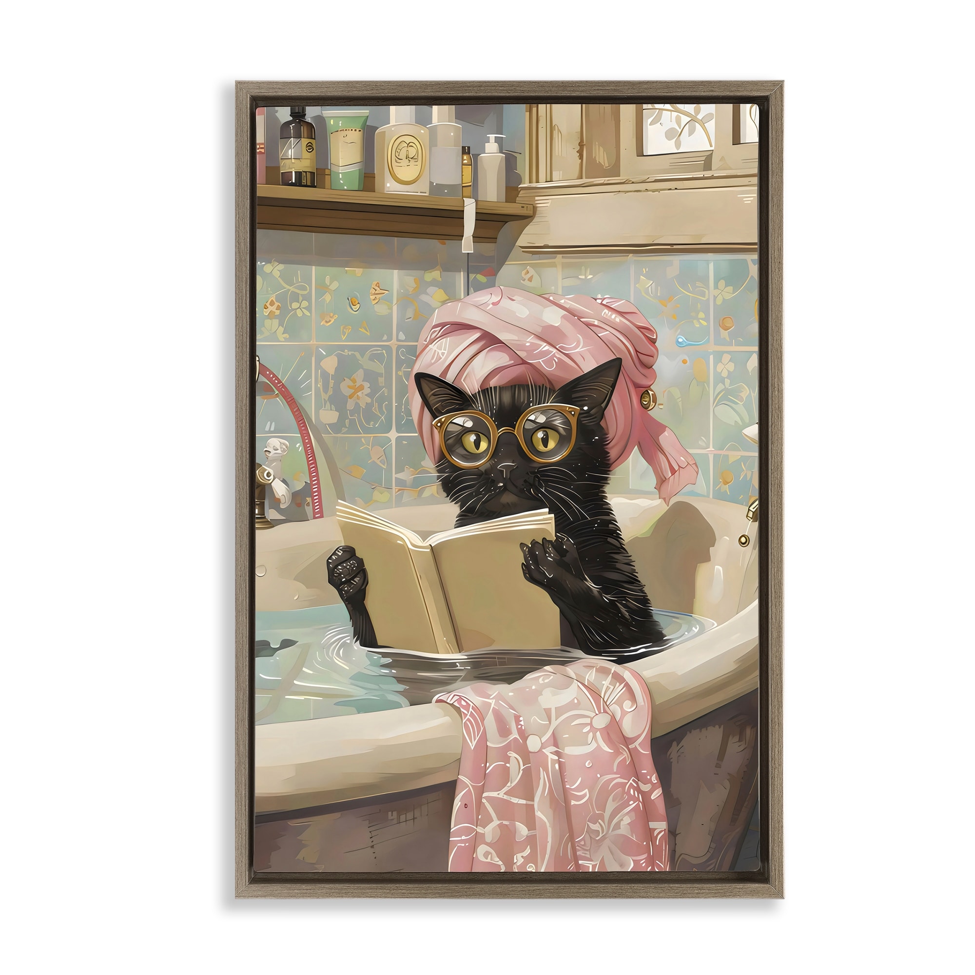 Stupell Kitty Care Bathtub Reading Framed Floater Canvas Wall Art Design By LSR Design Studio