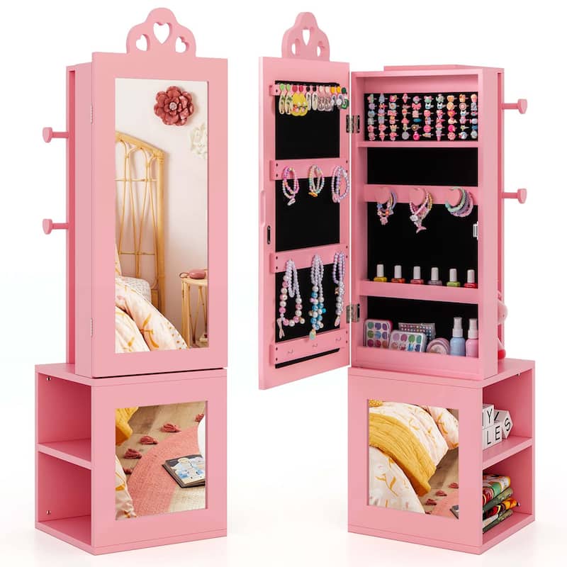 Kids Jewelry Cabinet Armoire Standing Vanity Dressing Mirror - Pink