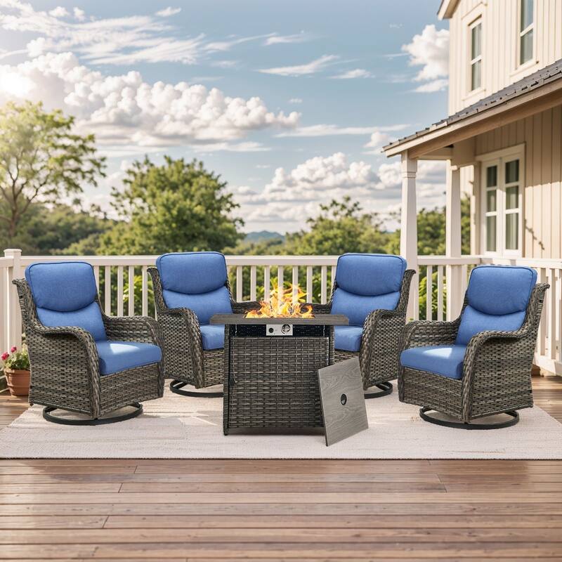 Outdoor Gliders Chairs with Fire Pit Table with 5-Inch Thick Cushions - Grey Rattan - Blue Cushion - 5PCS Swivel Chairs with Square Fire Table