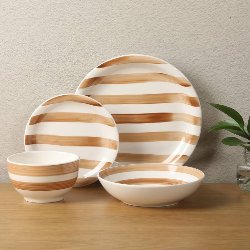 Gibson Home Kenwood Shores 16 Piece Stoneware Dinnerware Set, Hand-Painted Plates and Bowls, Service for 4