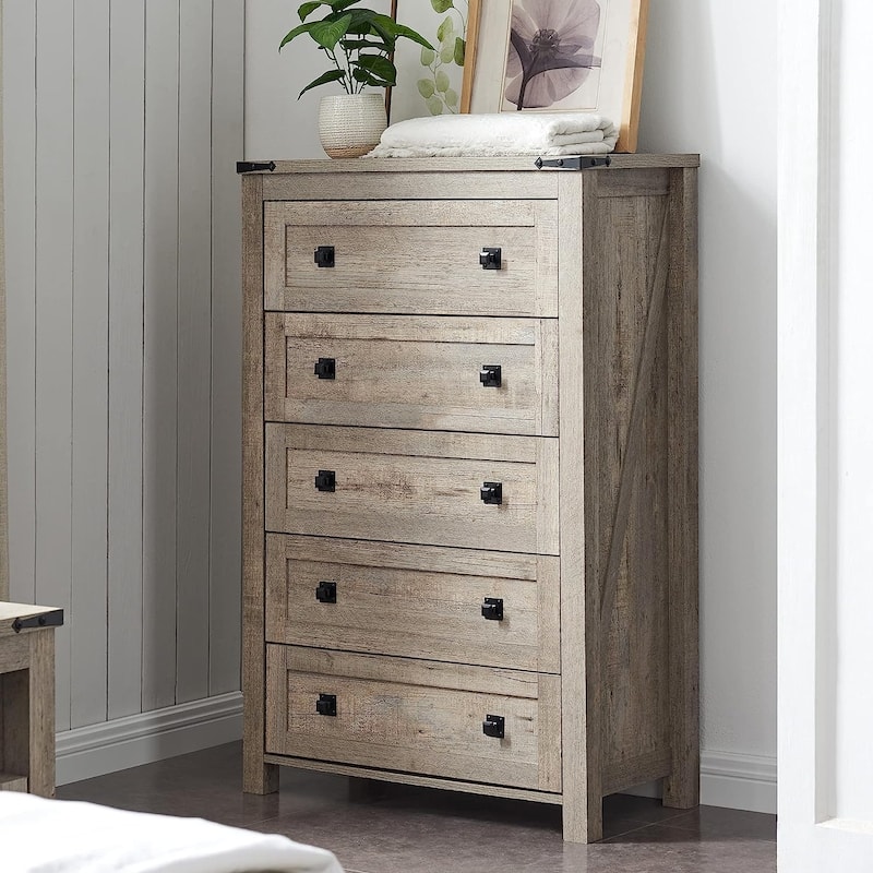 48" Tall Farmhouse 5 Drawer Wood Dresser, Chest of Drawers for Bedroom