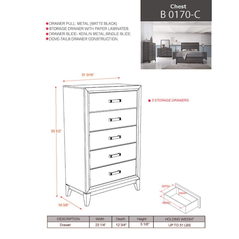 Modern and Stylish Driftwood Grey Chest with Tapered Legs and Five Drawers