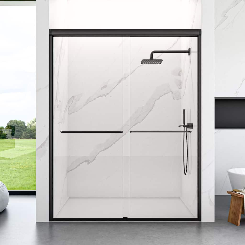56"-60"W*72" H Semi-Frameless Double Sliding Shower Door, Bypass Shower Door, 1/4" (6mm) Thick SGCC Tempered Glass Door