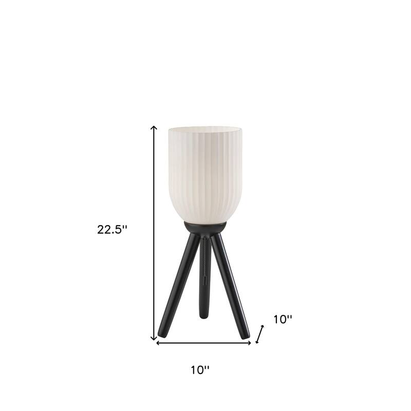 HomeRoots 23" Black Solid Wood Tripod Table Lamp With White Ribbed Glass Shade - 10