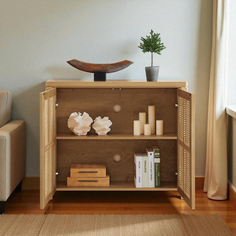 39.4" Mid-Century Modern Rattan Sideboard Buffet Cabinet with Outlet Holes, Retro Credenza Storage
