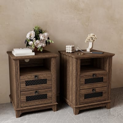 Farmhouse Nightstand Set of 2 with Charging Station, End Table