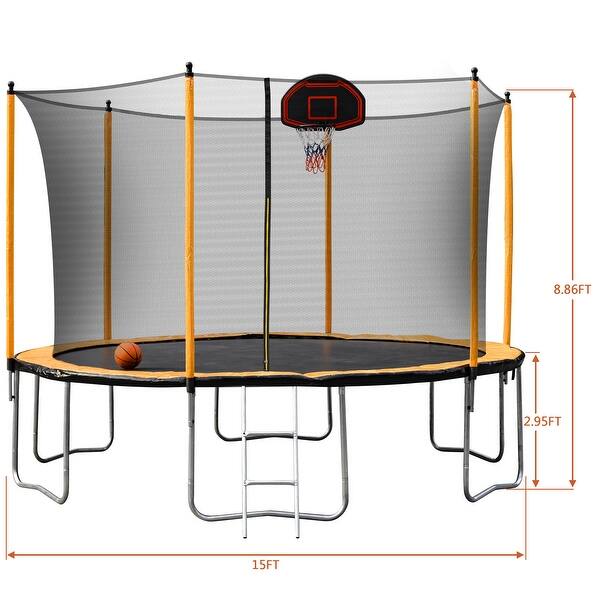 dimension image slide 1 of 3, 15FT Trampoline with Basketball Hoop Inflator and Ladder(Inner Safety Enclosure)