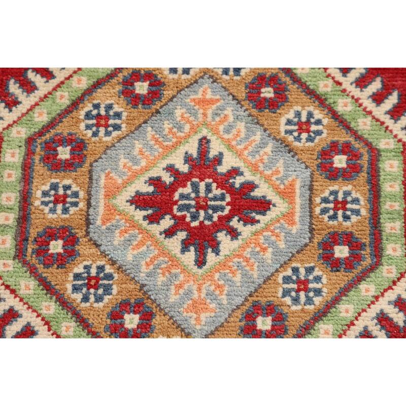 Geometric Red Kazak Accent Rug Handmade Wool Carpet - 3'2" x 5'1"