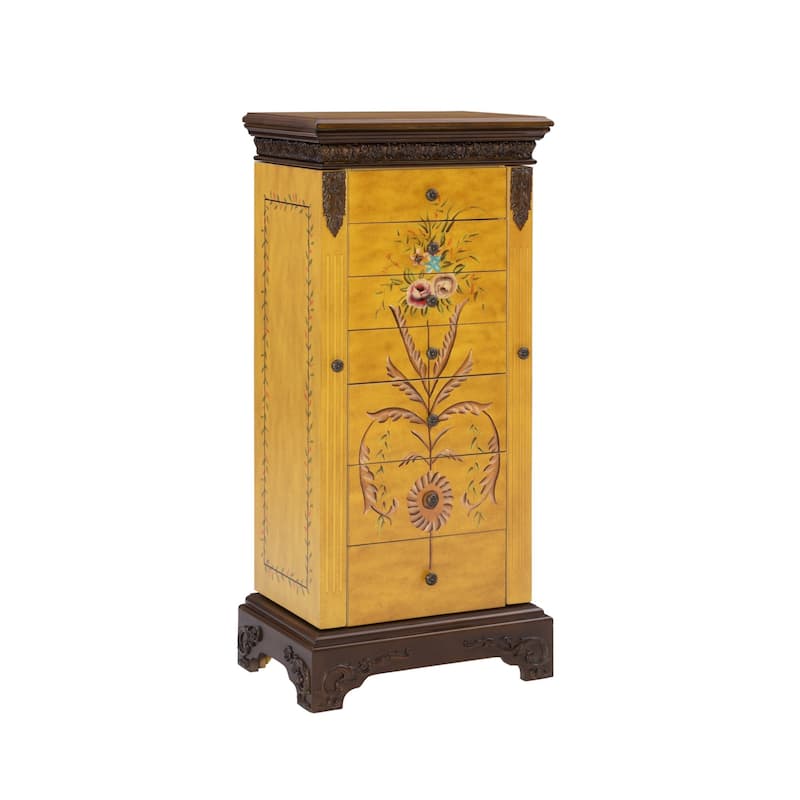 Hand carved Floral Jewelry Armoire with 7 Drawers - 41.5" - Yellow and Brown