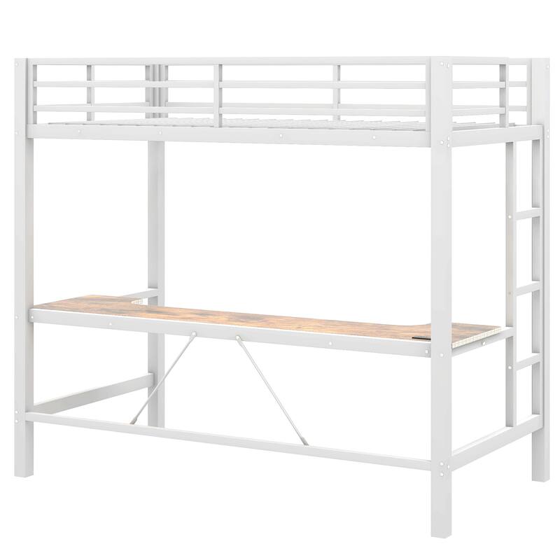 Twin Size Gaming Metal Loft Bed Frame with LED Light, USB Charge Station and Desk