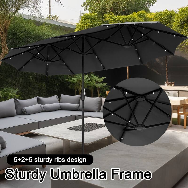 Ainfox 13ft Double-sided Patio Umbrella Solar LED Lighted Outdoor Martet Umbrella with Base