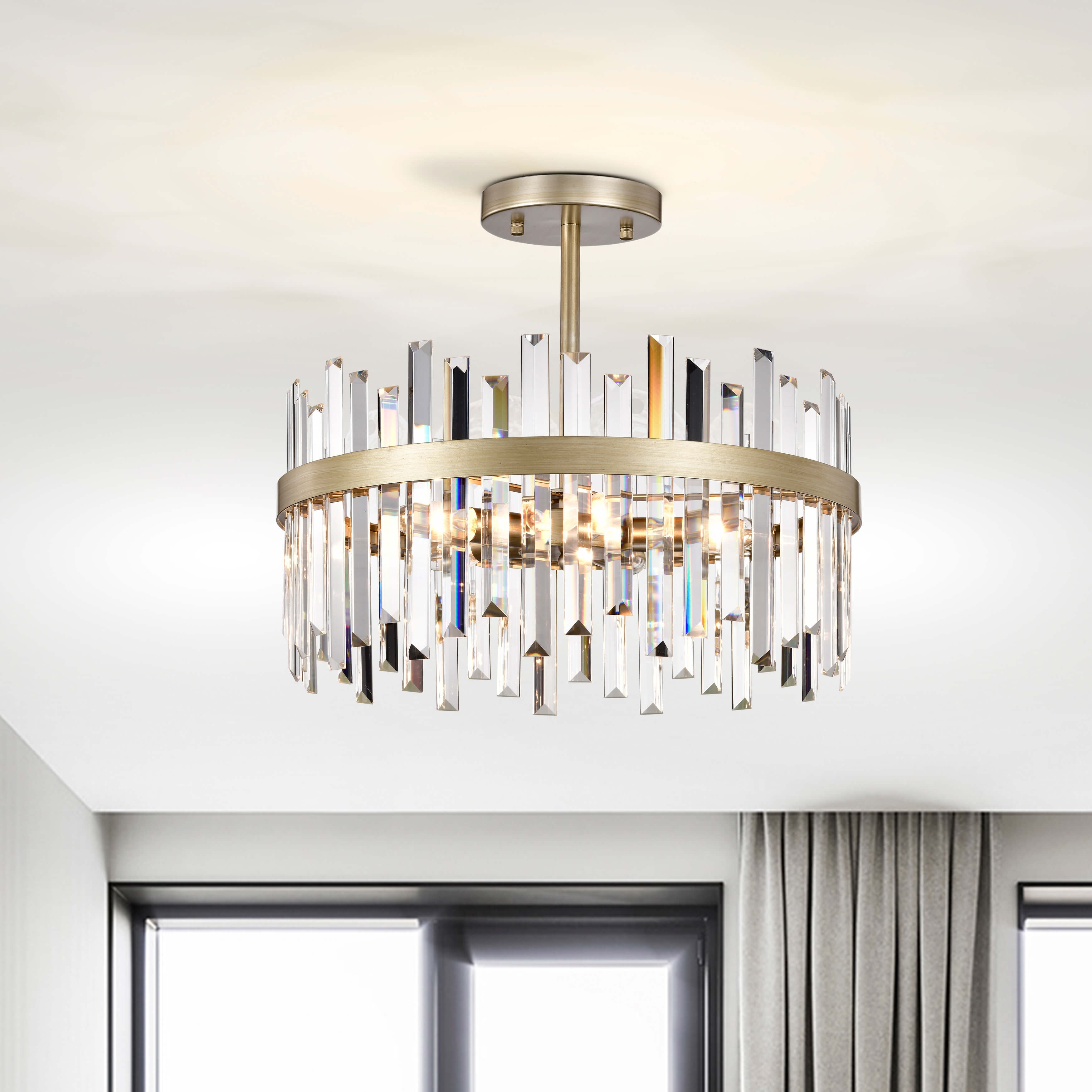 Casandra Brushed Silver-ish Champagne Drum Crystal Prism Flush Mount - 18.5 inches in diameter x 16 inches H