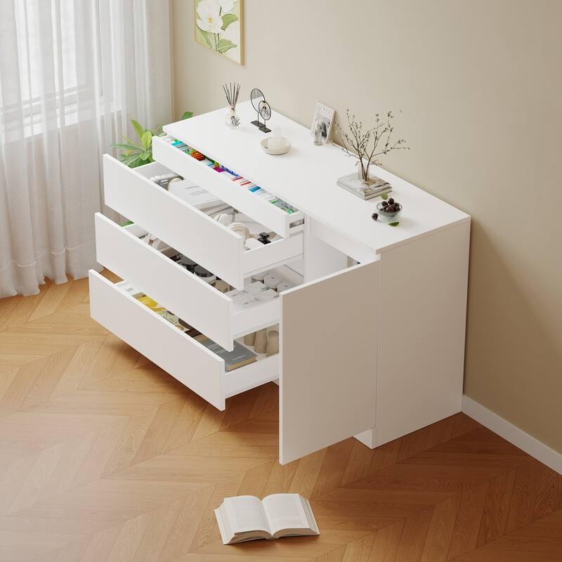 Modern White Wooden Side Cabinet with Hidden Drawers - Versatile Storage Organizer