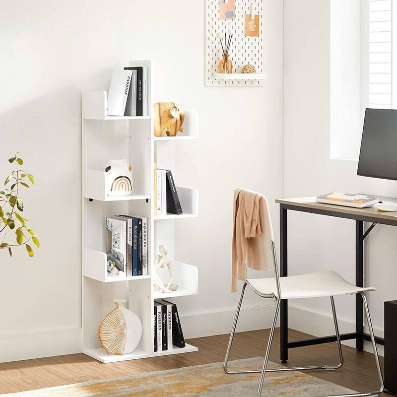 Brown Wooden Tree-Shaped Bookshelf with 8-Tier Storage Shelves and Modern Space-Saving Design - 19.7”L x 9.8”W x 55.1”H