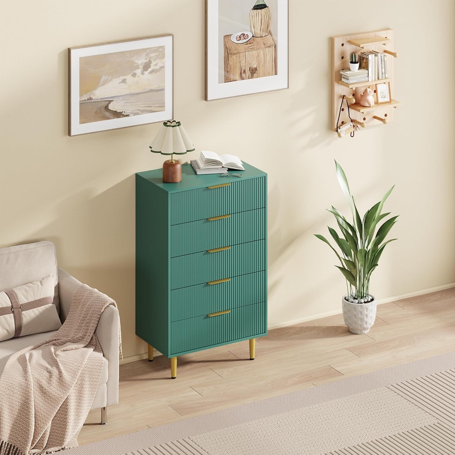Modern Natural Wood Color Fluted Dresser, Wooden Chest with Gold Metal Handles & Legs