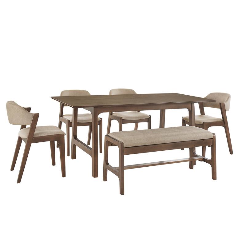 Pitea Scandinavian Wood Finish 6 - Person Dining Set by iNSPIRE Q Modern - Walnut Finish with Beige Fabric