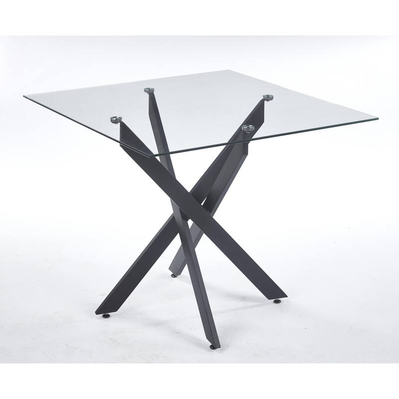 Modern Square Dining Table with Tempered Glass Top & Cross Metal Legs, Space-Saving for Kitchen and Living Room