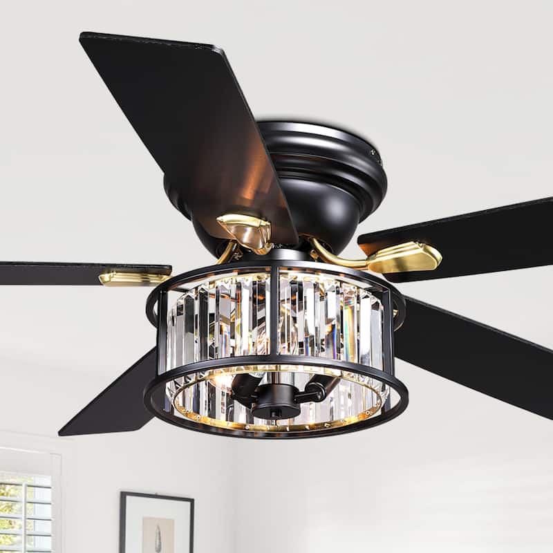 Cusp Barn 52" Farmhouse Flush Mount Crystal Ceiling Fan with Lights and Remote, Black 5 Blades Reversible Chandelier Ceiling Fan - Black