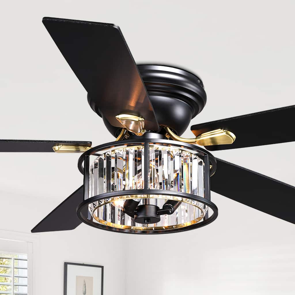 Cusp Barn 52" Farmhouse Flush Mount Crystal Ceiling Fan with Lights and Remote, Black 5 Blades Reversible Chandelier Ceiling Fan