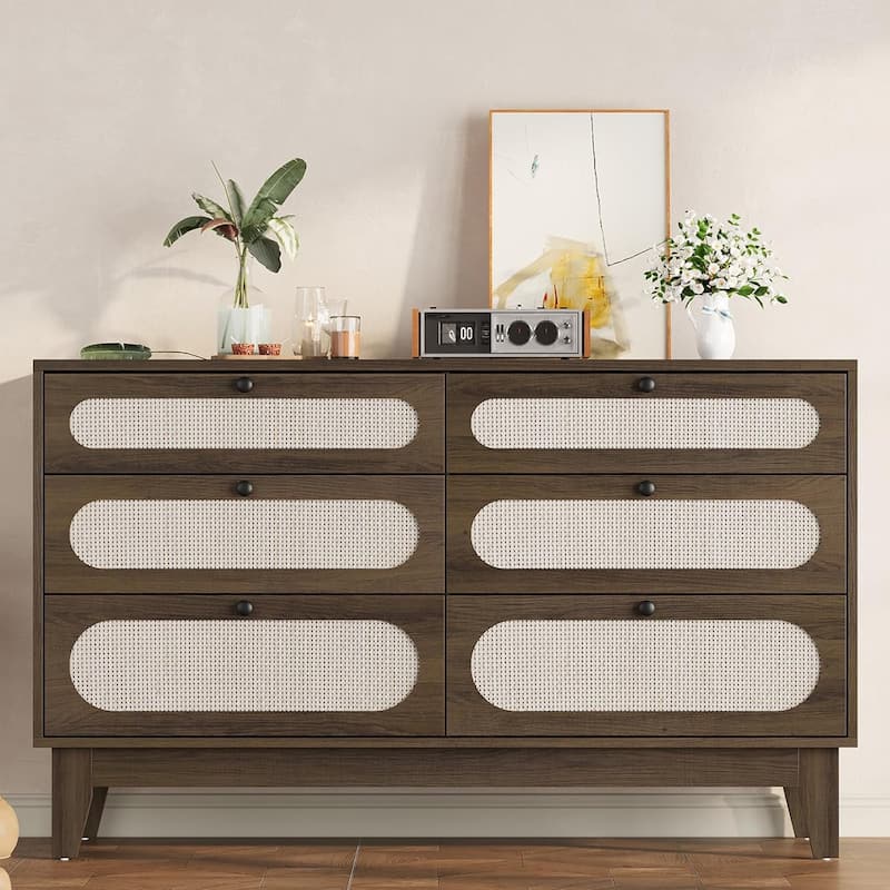 6-Drawer Rattan Dresser with Power Outlet, Wooden Chest of Drawers - Brown