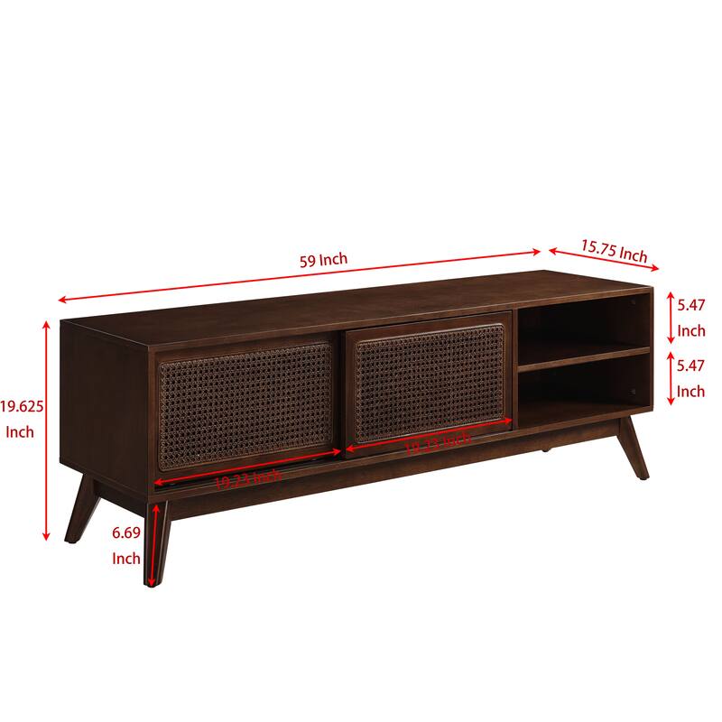 Mid Century Modern 59" Rattan TV Stand for 65" TV, Media Console with Solid Wood Legs and Storage Cabinet