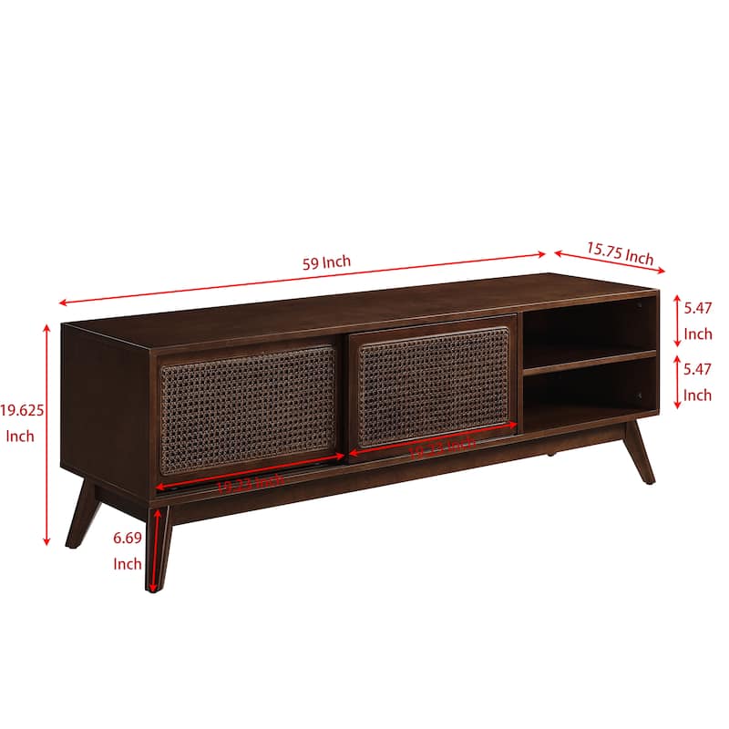 Walnut 59" TV Stand with Open Shelves & Rattan Doors for TVs Up to 65"