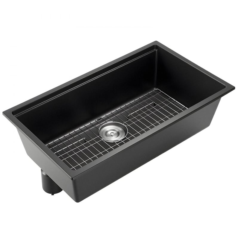 Black Granite Undermount Kitchen Sink with Single Bowl and Cutting Board and Roll-Up Rack