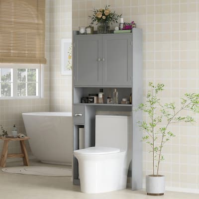 HOMCOM Over the Toilet Storage Cabinet, Modern Above Toilet Bathroom Organizer with 2 Doors, Storage Shelves, Toilet Paper