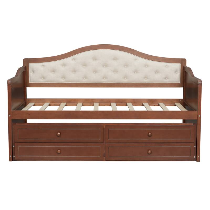 Twin Daybed with Trundle, Twin Size Daybed with 2 Storage Drawers, Wooden Sofa Bed with Upholstered Button Tufted Backrest
