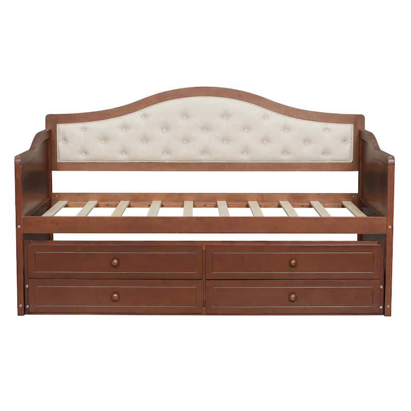 Wooden Frame Day Bed, Twin Size Daybed with Trundle Bed, Upholstered Tufted Button Backrest Sofa Bed with 2 Storage Drawers