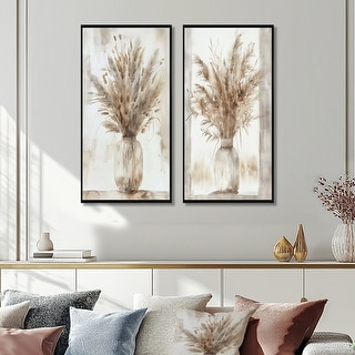 Beige White Boho Plant Chic I - Boho Feather Framed Wall Art Set Of 2 - Traditional Wall Art Decor 2 Pieces
