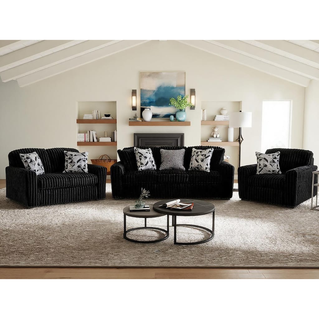 Roundhill Furniture Solenne 3-Piece Living Room Set, Oversized Sofa, Loveseat, and Chair and a Half