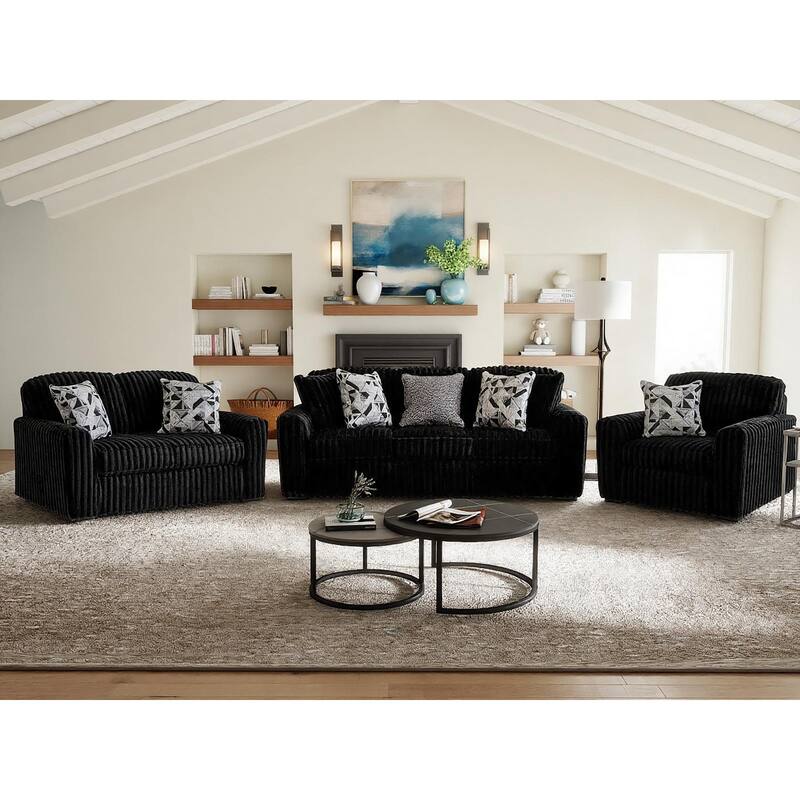 Roundhill Furniture Solenne 3-Piece Living Room Set, Oversized Sofa, Loveseat, and Chair and a Half - Black