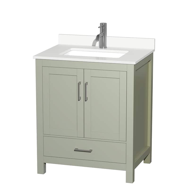 Sheffield 30-inch Single Vanity, Single Hole Quartz Top - Light Green, Nickel Trim, White Quartz Top