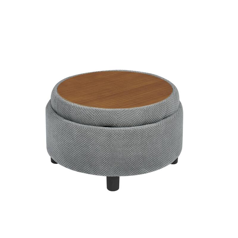 Round Storage Ottoman with Lift-Off Tray and Upholstered Fabric
